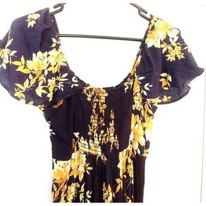 Luna Chix Women's Ruffled Straps Maxi Long Dress Small Ruched Top Navy Yellow